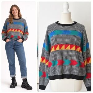 Vintage 80s 90s Southwestern Geometric Graphic Knit Sweater Adele Made USA Sz XL